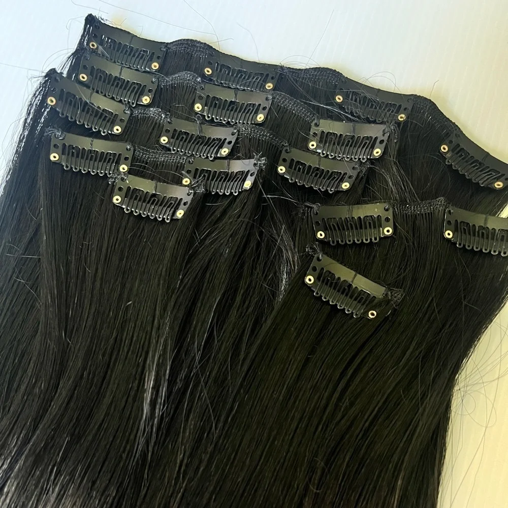 Human hair blend 24 Inch Clip in Long Black Thick straight Hair Extensions